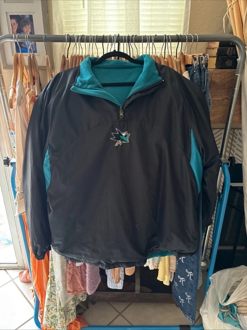 VTG San Jose Sharks Sweatshirt Nylon /Fleece Quarter Zip Reversible Men’s L - Picture 1 of 12